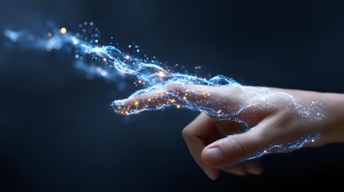 Magical glowing blue energy streams flowing around female hand on dark background, representing supernatural power and digital transformation.