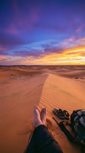 Traveler sitting on sand dunes at sunset with boots and backpack, enjoying dramatic sky with golden and purple hues over desert landscape. Perfect for travel and adventure content.