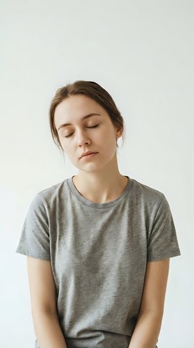 Young Caucasian woman with closed eyes in gray t-shirt practicing mindfulness meditation against neutral background for wellness and mental health concepts.
