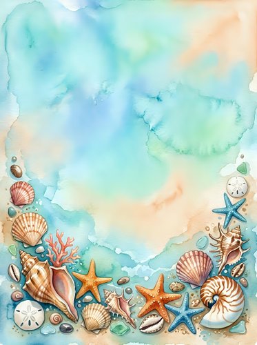Watercolor ocean frame with seashells, starfish, coral and sand dollars on turquoise blue background for summer beach themed designs and coastal decor projects.