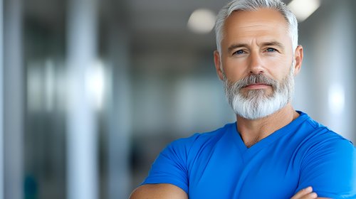 Confident mature Caucasian male with gray beard and hair wearing blue t-shirt standing with arms crossed in modern office environment, professional business portrait.