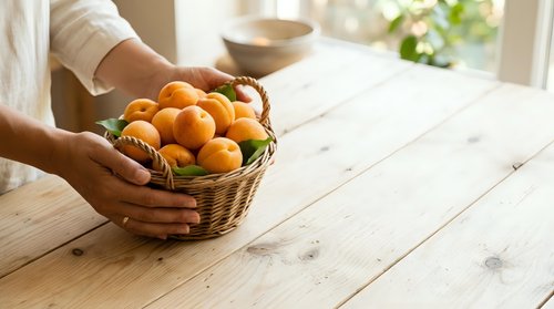 Hands holding wicker basket filled with fresh oranges on wooden table near window, ideal for food and harvest themes.