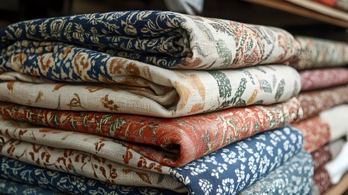 Stack of folded vintage floral pattern textiles in blue, coral and cream colors showing delicate ornamental designs and traditional fabric prints.