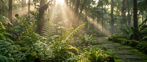 Sunlight filters through dense forest canopy, illuminating lush green vegetation and moss-covered ground in a serene woodland environment.