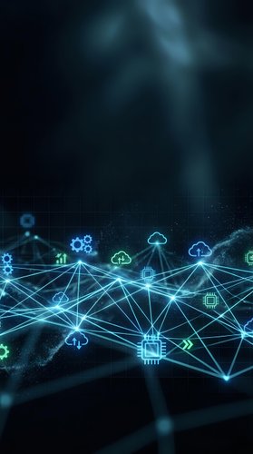 Digital network connections with glowing blue lines and cloud computing icons on dark technological background for business presentations.