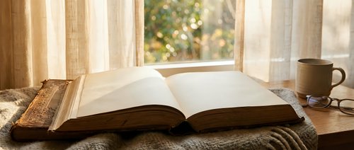 Open book on wooden table by sunny window with coffee mug creating cozy reading atmosphere for relaxation and learning in warm natural light.