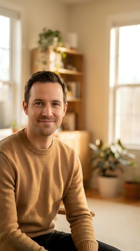 Smiling middle-aged Caucasian man in beige sweater sitting in bright modern living room with plants and natural light for lifestyle content.