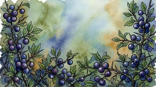 Watercolor illustration of blueberry branches with ripe berries and green foliage on soft, muted background. Suitable for food packaging, culinary designs, and botanical artwork.