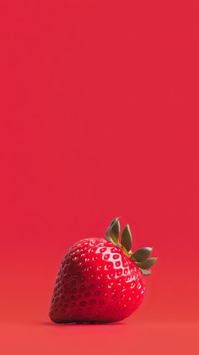 Fresh ripe strawberry with green leaves isolated on vibrant red background, minimalist food composition with soft shadow and copy space for text.