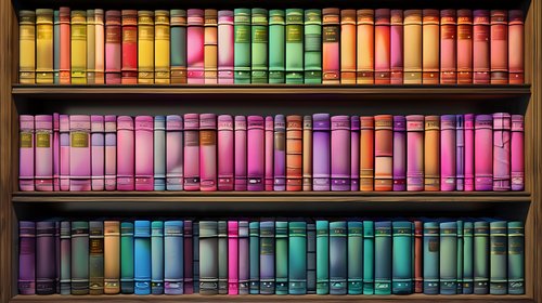 Colorful vintage books arranged on wooden library shelves creating rainbow pattern. Multicolored book spines in organized rows showcase vibrant spectrum of literature collection.