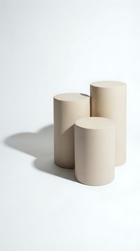 Three beige cylindrical pedestals of varying heights arranged on white background with soft shadows for product display and presentation purposes.
