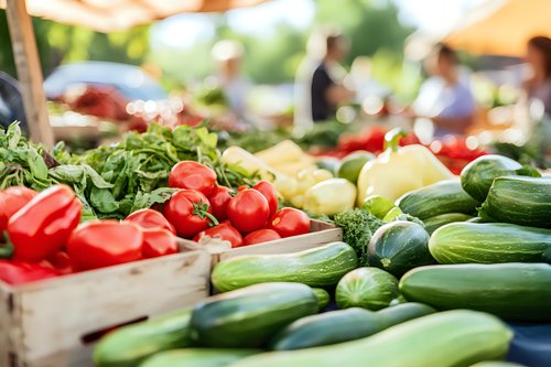 Fresh organic vegetables at farmers market stall, featuring crisp cucumbers, ripe tomatoes, and leafy greens arranged in wooden crates for local produce shopping.