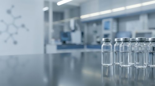 Glass vials in sterile pharmaceutical laboratory with modern equipment and clean room environment for medical research and drug development.