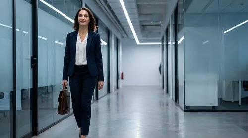 Professional businesswoman walking confidently through modern office corridor with briefcase, corporate executive in formal suit navigating workplace hallway.