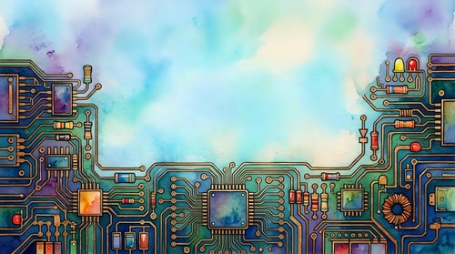 Circuit board technology landscape with colorful neon pathways and glowing connections, representing digital infrastructure, data flow, and futuristic computing systems for tech backgrounds.