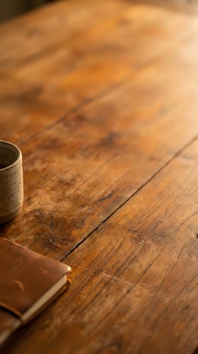 Ceramic mug and leather notebook on warm wooden table surface with natural lighting, suitable for workspace and lifestyle design projects.