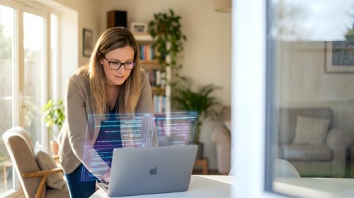 Young Caucasian woman with glasses working on laptop at home, holographic code overlay, remote work and technology concept.