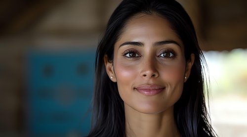 Young South Asian woman with long dark hair and natural makeup smiling warmly at camera against blurred background, portraying confidence and approachability in professional setting.