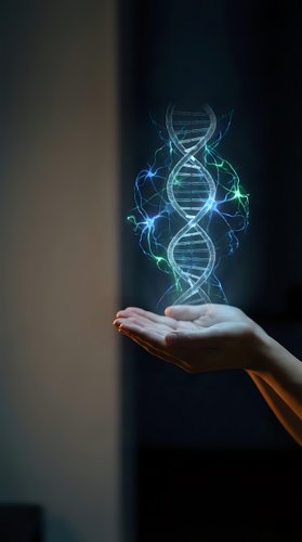Hand holding glowing DNA helix with blue and green energy particles on dark background. Suitable for genetics, biotechnology, science research, and medical innovation concepts.
