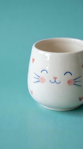 Cute white ceramic mug with cat face design featuring pink cheeks and blue whiskers on turquoise background for kitchen decor and beverage enjoyment.