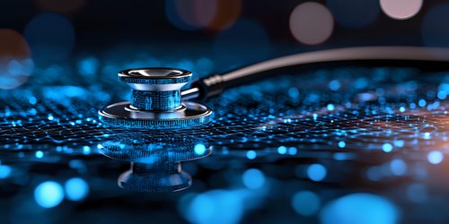 Medical stethoscope on dark surface with blue bokeh lights and water drops, reflecting modern healthcare technology and medical examination concept.
