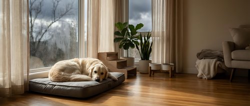 Golden retriever dog resting on cushion by large window in modern living room with hardwood floors and natural light streaming through curtains.