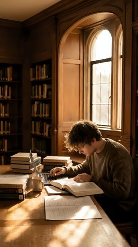 Young male student studying in traditional library with wooden shelves and arched window, warm sunlight illuminating desk with books and papers for academic research.