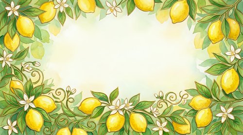 Lemon fruits with white flowers and green leaves forming decorative border frame on cream background, suitable for invitations, greeting cards, and spring designs.