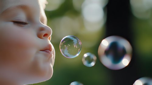 Young child blowing soap bubbles in sunlight against green bokeh background, capturing innocent playful moment with iridescent spheres floating in air.