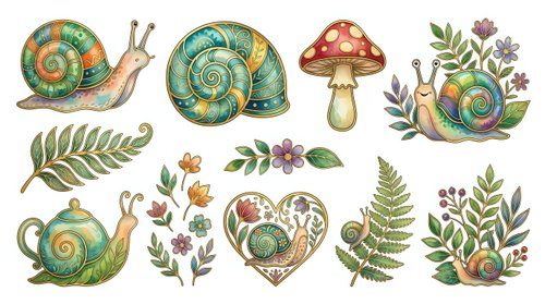 Vintage botanical snail, mushroom, teapot, and fern illustrations with ornate spiral shells and wildflowers. Isolated clipart for design projects.