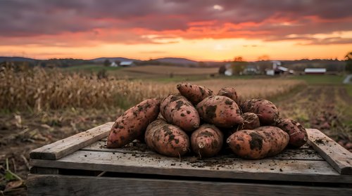 Fresh harvested potatoes on rustic wooden crate in agricultural field during golden sunset with farm landscape and dramatic orange sky in background.