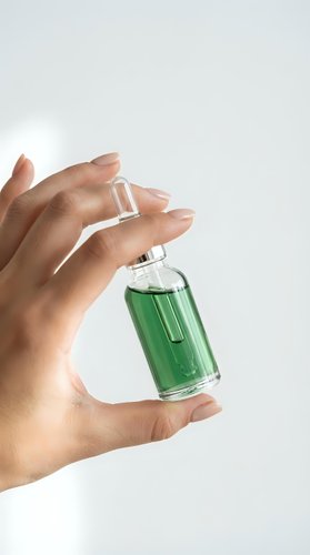 Hand holding green serum dropper bottle for skincare routine and beauty treatment on white background.