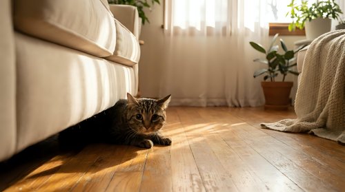 Tabby cat resting on warm wooden floor beside a cozy sofa in a sunlit living room with green plants and soft natural light.