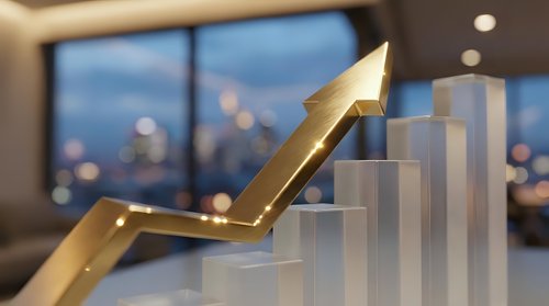 Golden arrow pointing upward on transparent glass steps in modern office with city skyline background representing business growth and financial success.