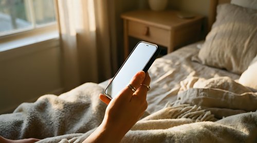 Morning routine with smartphone in cozy bedroom. Hand holding mobile device with blank screen for mockup. Soft natural light creates warm atmosphere for relaxation.