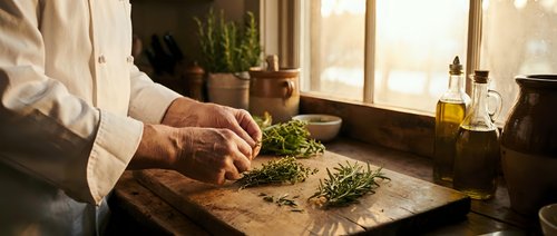 Elderly chef preparing fresh herbs on rustic wooden cutting board in warm sunlit kitchen with olive oil bottles in background.