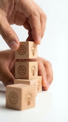 Hands stacking wooden blocks engraved with brain and light bulb icons, symbolizing creativity, innovation, and smart thinking in business.