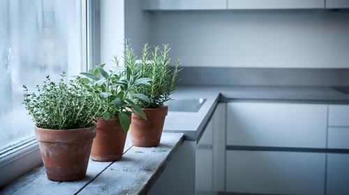 Fresh herbs in terracotta pots on modern kitchen windowsill with natural light creating cozy cooking atmosphere for culinary and home decor projects.