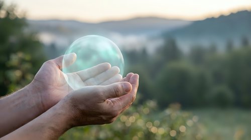 Hands holding glowing green crystal ball with mountain landscape background at sunset. Mystical fortune telling and spiritual guidance concept.
