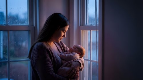 Young mother holding newborn baby by window at twilight, tender maternal bonding moment in cozy home interior for parenting and family concepts.