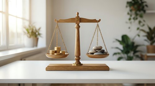 Wooden justice scales with gavel on white desk in bright office interior with plants. Legal consultation, law firm, attorney services concept.
