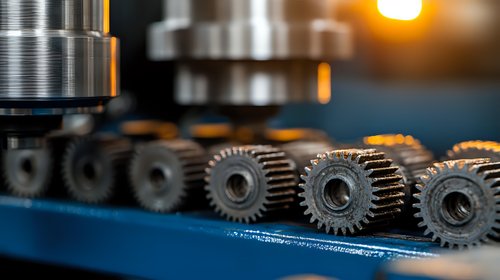 Metal gears and cogs in industrial machinery closeup with selective focus and bokeh background, showcasing mechanical engineering and manufacturing technology.