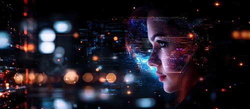 Young Asian woman profile merged with digital network visualization against dark background with bokeh lights and glowing blue technology elements.