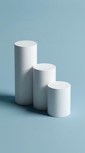 Three white cylindrical podiums arranged in ascending height order on soft blue background for product display and presentation purposes.