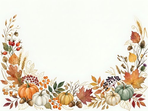 Autumn harvest border with pumpkins, wheat, berries, and fall foliage on isolated white background. Perfect for seasonal designs, invitations, and decorative projects.
