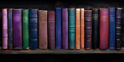 Row of vintage hardcover books with colorful spines arranged on dark wooden shelf, creating atmospheric library scene with classic literature volumes in varied hues.
