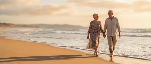 Senior couple walking hand in hand on beach at sunset during romantic vacation getaway enjoying golden hour light and ocean waves.
