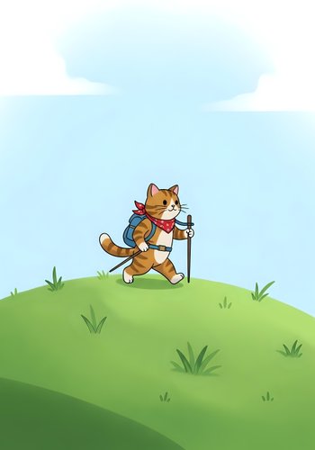 Adventurous orange tabby cat with backpack and hiking pole trekking across rolling green hills under blue sky. Perfect for children's books, outdoor adventure themes, and travel-related designs.