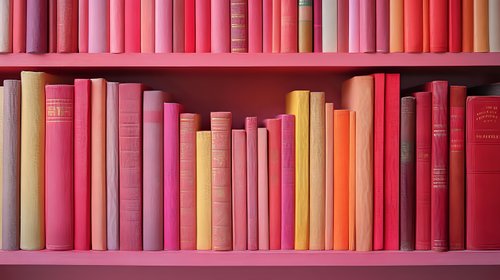 Colorful book spines arranged on wooden shelves in shades of pink, red, coral and peach create harmonious ombre effect, suitable for library and education concepts.