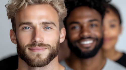 Diverse group of young professionals smiling at camera, showing genuine happiness and teamwork in modern office setting. Focus on multicultural workplace diversity.